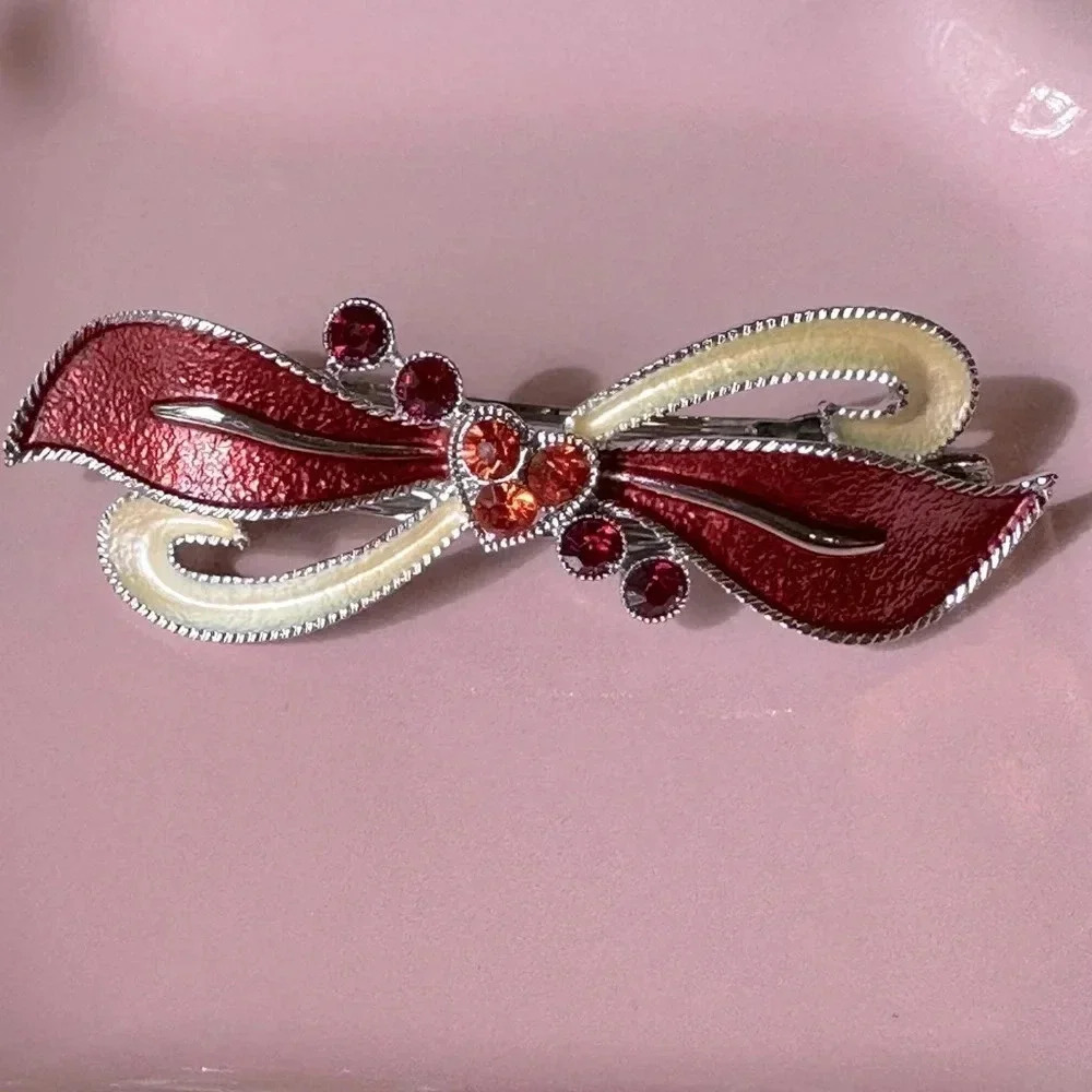 Red and Cream Enamel and Crystal Bow & Heart Hair Barrette